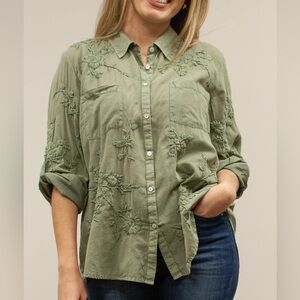NWT anthropologie Kyla Seo Jo Shirt Top Embroidered Sz Small Golden Lime Green